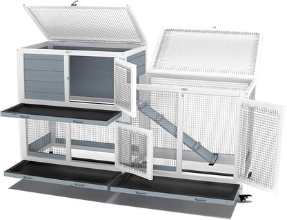GDLF Two Floors 58" Wooden Indoor Bunny Hutch Rabbit Cage on Wheels Guinea Pig PET House for Small to Medium Animals Waterproof No Leak Tray