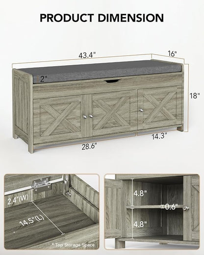 Amada Shoe Bench, Entryway Bench with Cushioned Seat & Lift Top Storage, 3 Doors, Adjustable Shelf, 300 lbs Capacity, Storage Bench with Shoe Rack for Entryway, Bedroom, Living Room, Gray