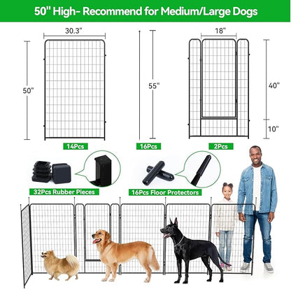 Dog Playpen Outdoor 16 Panels Heavy Duty Dog Pen 26" W×50" H Anti-Rust Exercise Fence with Doors for Large/Medium Pet Play for RV Camping Yard