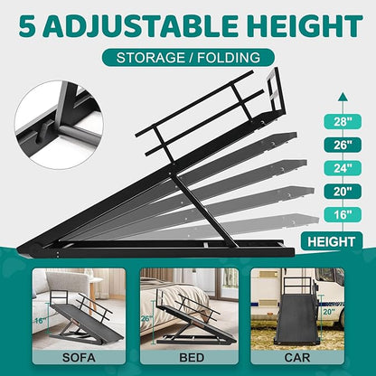 Dog Ramp for Bed, Adjustable Pet Ramps for Dog to Get on Bed, Non-Slip Rubber Surface - Folding Wooden Dog Ramp for Small/Large/Old Dogs, Adjustable up to 27.5 inch High Beds, Safety Railings