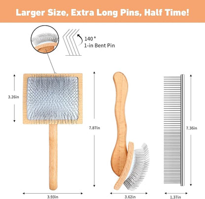 Dog Slicker Brush for Shedding and Grooming Medium or Long Haired Cats, Extra Long & Soft Pin Slicker Brush for Removes Loose Hair, Tangles, Knots, Undercoat, Free Pet Comb, Large, Oak