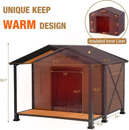 Extra Large Dog House Outdoor & Indoor, Insulated Liner Dog Kennel Weatherproof for Winter, 6 Sides All-Round Foam with Strong Metal Chew Proof Frame, for Small Medium Large Dogs