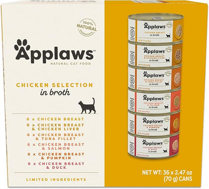 Applaws Natural Wet Cat Food in Broth, Limited Ingredient Canned Wet Cat Food, No Additives, Made with Natural Ingredients, Chicken Selection in Broth Cans (36 x 2.47oz Cans)