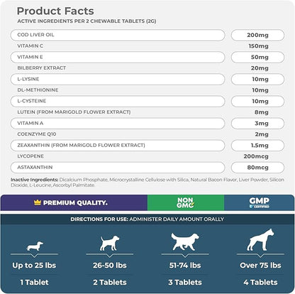 Eye Support for Dogs - 120 Chewable Tablets - Supplements for Vision, Eye Vitamins for Dogs, with Cod Liver Oil Antioxidant, Omega 3 EPA and DHA Fatty Acids.