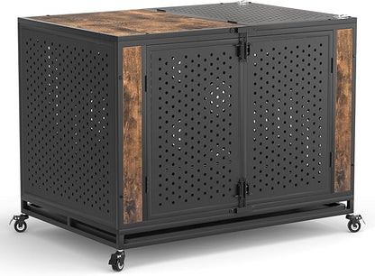 42" Heavy Duty Dog Crate Furniture for Large and Medium Dogs, Enclosed Design with 0.5 inch Holes, Indestructible Metal Kennel for High Anxiety Dogs, Chew Proof Pet House Cage Indoor, Brown