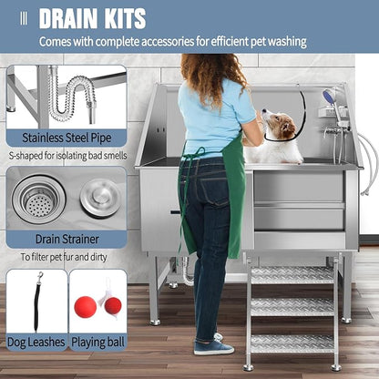 50" Pet Dog Bathing Station W/Ramp, Professional Stainless Steel Dog Grooming Tub W/Soap Box, Faucet,Rich Accessory, Dog Bathtub for Large,Medium,Small Pets, Washing Sink for Home (50" Right ramp)