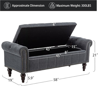 58’’ Storage Bench for Bedroom, Upholstered Button-Tufted Ottoman with Solid Wood Legs, Large End of Bed Shoe Cabinet, Window Seat Foot Rest Stool for Entryway, Closet, and Living Room (Dimgray)
