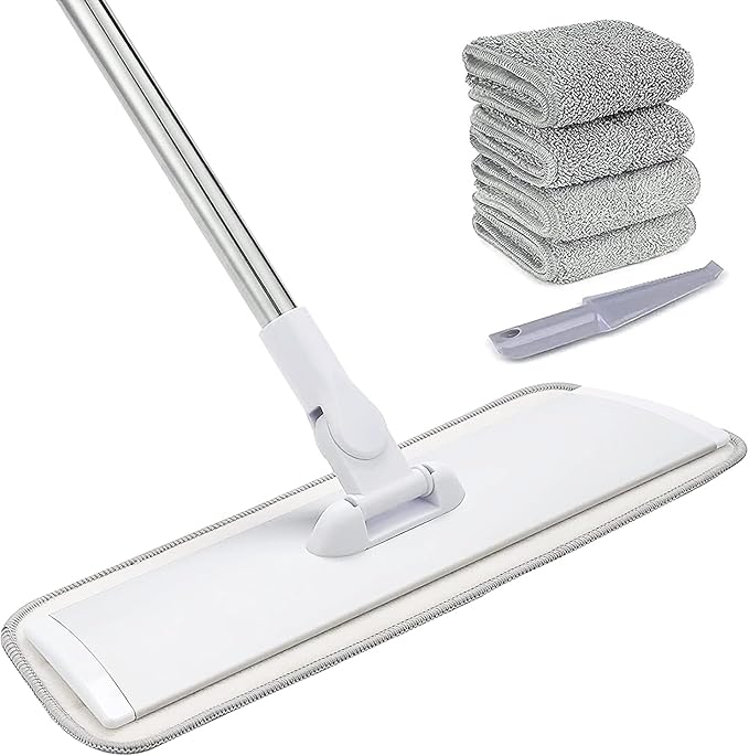 18" Professional Microfiber Mop Floor Cleaning System, Flat Mops with Stainless Steel Handle, 4 Reusable Washable Mop Pads, Wet and Dust Mopping for Hardwood, Vinyl, Laminate, Tile Cleaning (White)