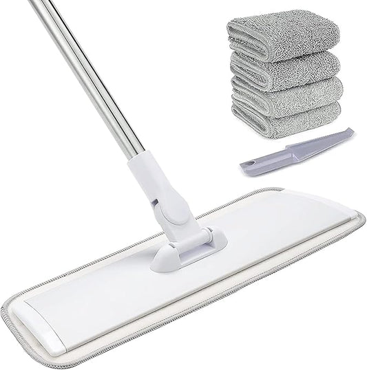 18" Professional Microfiber Mop Floor Cleaning System, Flat Mops with Stainless Steel Handle, 4 Reusable Washable Mop Pads, Wet and Dust Mopping for Hardwood, Vinyl, Laminate, Tile Cleaning (White)
