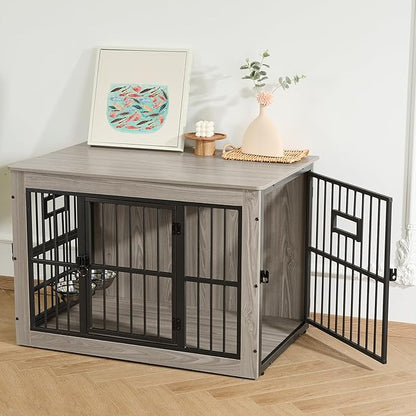 Gardner Pet Dog Crate Furniture for Medium Dogs, 38.8 Inch Dog Kennel Indoor, Wooden Dog Cage End Table with 2 Removable Bowls, Heavy Duty Dog Crate, Rustic Grey
