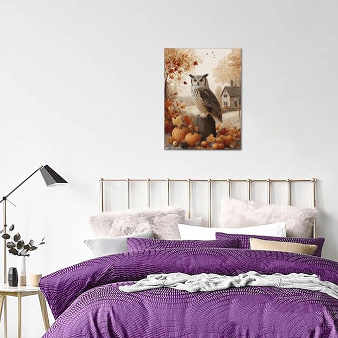 Fall Owl Wall Art Autumn Pumpkin Leaves Wall Decor Rustic Canvas Print Farmhouse Pictures Painting Print Framed Artwork Decorations Gifts for Living Room Bathroom Bedroom Office 12"x16"