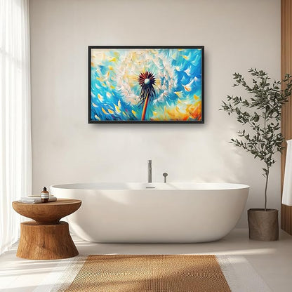 Extra Large Abstract Dandelion Framed Wall Art for Living Room,Oversized Colorful Dandelion Flower Pictures Wall Decor,Blue Canvas Print Painting Modern Artwork Bedroom Office Bathroom 36L" x 24W"