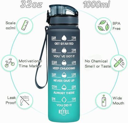 Enerbone Water Bottle, Leakproof BPA & Toxic Free, Motivational Water Bottle with Times to Drink and Straw, Fitness Sports Water Bottle with Strap for Office, Gym, Outdoor Sports