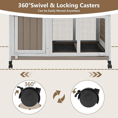 38''L Rabbit Hutch Outdoor Indoor with Wheels, Wooden Expandable 2 Story Bunny House Rabbit Cage with Run, Waterproof Roof, Pull Out Tray, Guinea Pig Cage Chicken Coop for Small to Medium Pets
