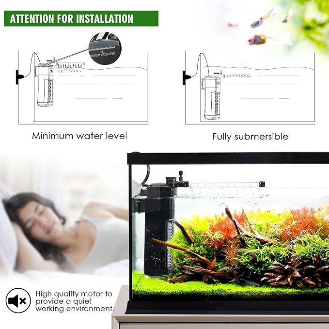 AQQA Aquarium Internal Filter Submersible Power Filter in-Tank with Adjustable Water Flow, Ultra Silent Sponge Filter for Fish Tank Water Crystal Clear