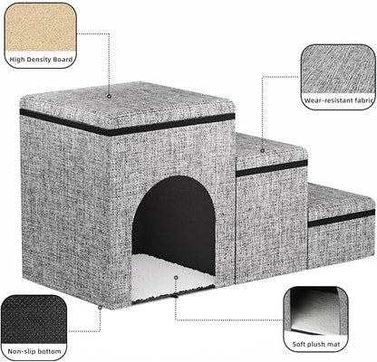 Dog Stairs with Storage, 3-Step Wider Dog Steps with Condo for Dogs and Cats, Pet Stairs for High Bed Climbing, Grey