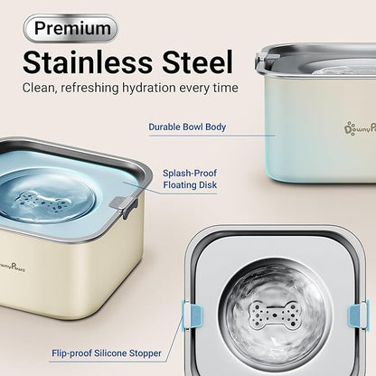 DownyPaws No Spill Water Bowl for Dogs,101oz/3L Slobber Stopper Stainless Steel, Slow Drinking Dog Water Bowl, No Mess Dog Water Dispenser Spill Proof, Dishwasher Safe, Beige