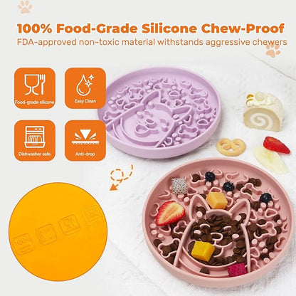 Dogs Slow Feeder Bowl,Silicone Dogs Bowl,Non-Slip Design, Puppy Pattern Interval Eating Slowly. (Peach Pink)