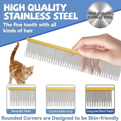 8.5 Inch Dual Tooth Pet Comb for Mats and Tangles，Professional Grooming Comb Removing Excess Hair for Long-Haired Cats and Dog Kit,Prevent Undercoat, Excess Hair,Mats and Tangles,Pet Essential