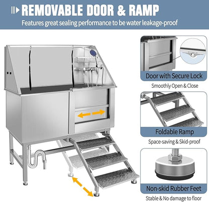 50 Inch Electric Dog Bathing Station For Large Dogs, Height Adjustable Stainless Steel Dog Pet Washing Station, Professional Dog Grooming Tub With Electric Lift, Pet Wash Bath Station (50" Right door)