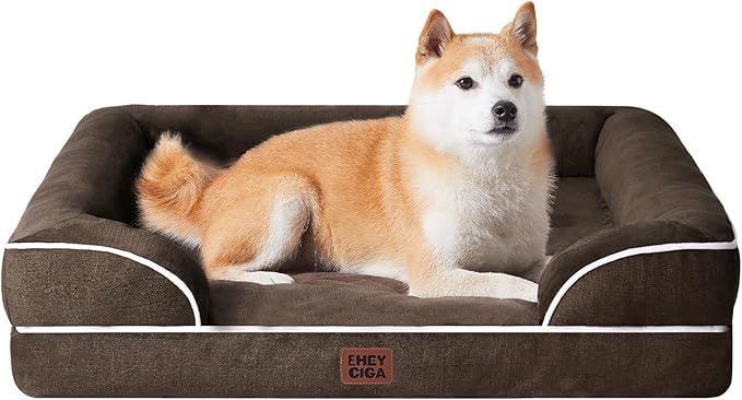 EHEYCIGA Orthopedic Dog Beds for Large Dogs, Waterproof Memory Foam Large Dog Bed with Sides, Non-Slip Bottom and Egg-Crate Foam Pet Couch Bed with Washable Removable Cover, Brown