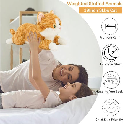 19 inch 3 lbs Cat Weighted Stuffed Animals, Realistic Weighted Cat Stuffed Animal, Sensory Comfort Plush Throw Pillow, Soft Kawaii Kitty Plush Toy Gift for Adults Kids Youth