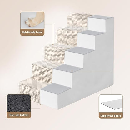 EHEYCIGA Dog Stairs for High Bed 22.5" H, 5-Step Dog Steps for Bed, Pet Steps for Small Dogs and Cats, Non-Slip Balanced Pet Ramp Indoor, Beige