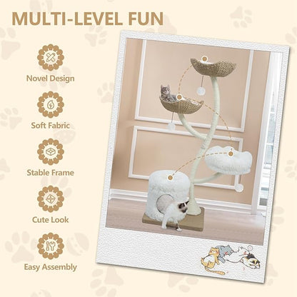 63” Tall Cat Tree Tower for Indoor Cats, Multi-Level Large Cat Climbing Furniture with Scratching Posts, Soft Perch, Cozy Cave, and Hanging Toys, Sturdy Design for Multi-Cat Households