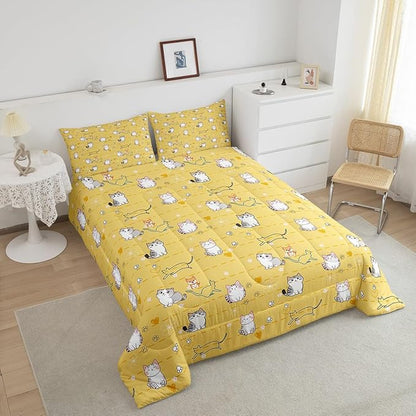 Erosebridal Cartoon Kawaii Bedding Set King Kids Cat Comforter Set, Cute Animal Down Comforter Pet Theme Bed Set, Dog Kitten Quilted Duvet Teal Love Heart Print Pet Lovers Gifts Lightweight Cozy 3pcs