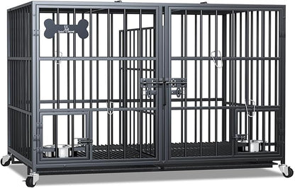 aboxoo 48/42 inch XL Dog Crate for Large Dog/Double Medium Dogs,Heavy Duty Metal Dog Cages,All Metal Open Top,Dog Kennel Indoor with Wheels,Floor Grid, Tray, Divider and Feeding Bowl