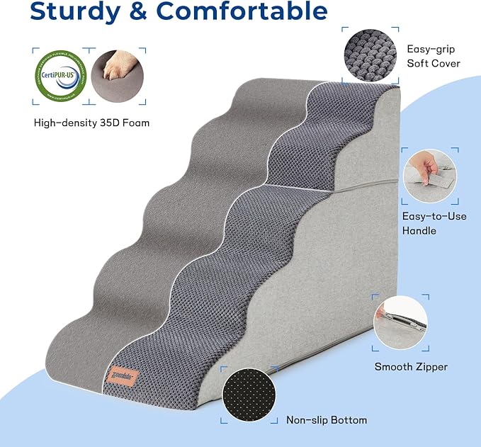 Dog Stairs for High Beds 22.8" H - Pet Stairs Ramp for Couch, 35D Foam Dog Steps for Small to Large Dogs with Non-Slip Bottom Grey, 5 Steps