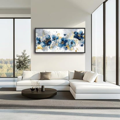 Extra Large Framed Abstract Blue Flower Wall Art,Oversized Golden Grey Floral Wall Decor Pictures for Living Room,Canvas Print Painting Modern Artwork Bedroom Office Bathroom Home Decor 60L" x 30W"