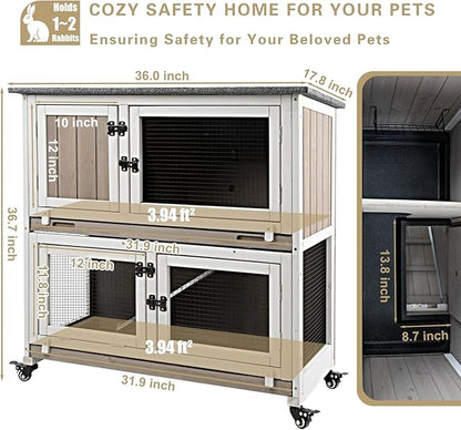36" L Rabbit Hutch Indoor with 4 Metal Wheels, 2-Story Wooden Bunny Hutch Outdoor Bunny Cage, 2 Deeper Pull-Out Trays, Ramp, Rabbit Cage Guinea Pig Pet House for Small Animals