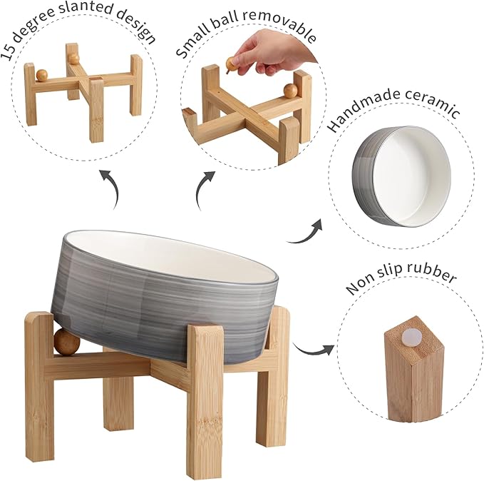 Elevated/Raised 15°Tilted Anti Slip Ceramic Dog Bowls,Slanted Bulldog Pet Food Water Feeding Dish Stand for Cats and Dogs (3.6 Cups/28 OZ) Grey White