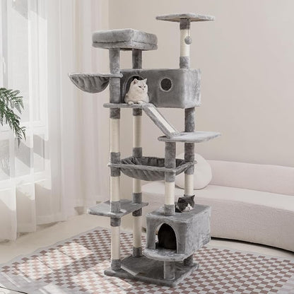 73 inches Large Cat Tree for Indoor Cats, Tall Cat Tower with Sisal Scratching Posts and Pads, Padded Plush Perch, Cozy Basket, Plush Condo for Large Cats (Grey)