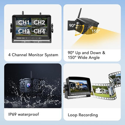 Dual RV Backup Camera Wireless with 7" 1080P Monitor, for Furrion Pre-Wired RVs, 4-Channel Split Screen System, Loop Recording, IR Night Vision, Wide Rear View Camera for Truck, Trailer, Camper