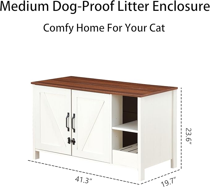 41.3'' Cat Litter Enclosure,Adjustable Shelf for Dog Proof and Storage,Locks Added for Cat, Litter Collector,Small Indoor Cat House,Antique White