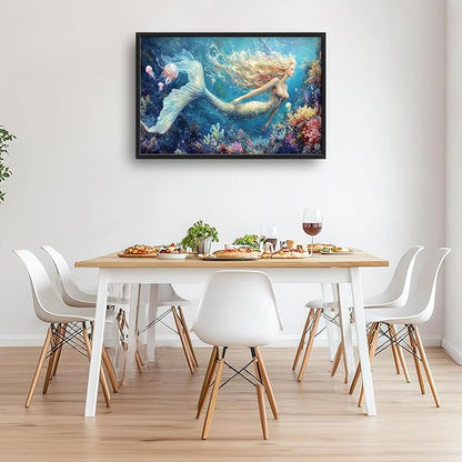 Extra Large Framed Mermaid Wall Art,Oversized Undersea Ocean Wall Decor,Colorful Coral Reefs Pictures for Living Room,Elegant Canvas Print Painting Modern Artwork Bedroom Bathroom 36L x 24W