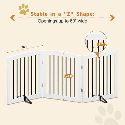 Freestanding Wooden Pet Gate for House, Foldable Indoor Dog Gate for Doorways, Stairs - 24" Height, 3 Panels, White