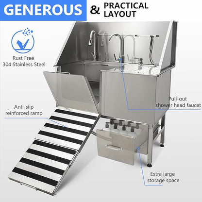 50" Dog Washing Station, Professional Stainless Steel Pet Dog Bathing Station with Ramp, Faucet, Storage Drawer, Floor Grate Dog Bathtub for Large, Medium, Small Pets (Left Ramp)