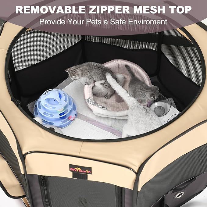 Aivituvin Portable Pet Playpen, Foldable Dog Tent Crate Cage for Puppies and Cats, Exercise Pop Up Dog Kennel with Carrying Case Indoor Outdoor, Waterproof and Zipper Top Cover Door, Brown