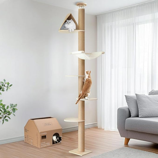 FUKUMARU Floor to Ceiling Cat Tree, 6 Level Adjustable Height (6-10 ft) Climbing Tower with Thickened Scratching Posts, Cats Activity Center with Cozy Hammock - Beige