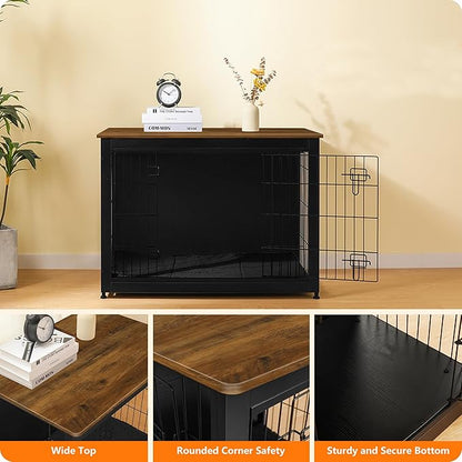 DWANTON Dog Crate Furniture with Cushion, Wooden Kennel Table with Double Doors, Indoor Dog House, Large Size, 38.5" L, Black+Warm Brown
