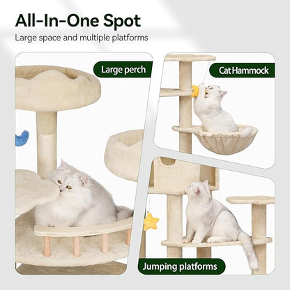 85inch Heavy Duty Cat Tree for Indoor Cats Large Adult, Tall Giant Cat Tower with Scratching Post, Large Perches, Cozy Cat Condos & Hanging Hammocks, Beige