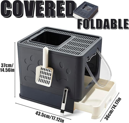 Gefryco Litter Box with Lid for Small to Medium Cats, Enclosed Cat Litter Box with Cover，High Sided Top Entry Cat Box with Brush and Scoop, Cute Kitty Litter Pan with Drawer for Growing Kitten(Black)