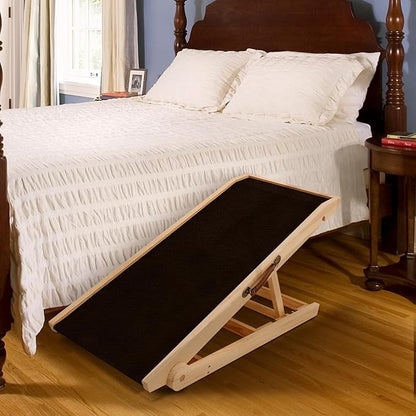 Dog Ramp for Bed, Adjustable Pet Ramps for Dog to Get on Bed, Non-Slip Rubber Surface - Folding Wooden Dog Ramp for Small/Large/Old Dogs, Adjustable up to 19.5 inch High Beds