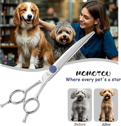 7.5'' Dog Grooming Scissors CNC 440C Blades Sharp and Durable Polished Curved Dog Shears with Blue Diamond Adustable Screws Easy to Use for Groomer and Home User