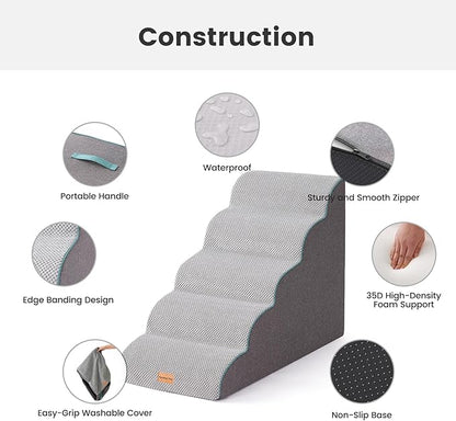 Gardner Pet Dog Stairs for Small Dogs 22.8" H, Curved 5-Step Pet Stairs, Dog Steps for High Bed, Couch (24-30 in) with Durable Non-Slip Waterproof Fabric Cover and CertiPUR-US Certified Foam