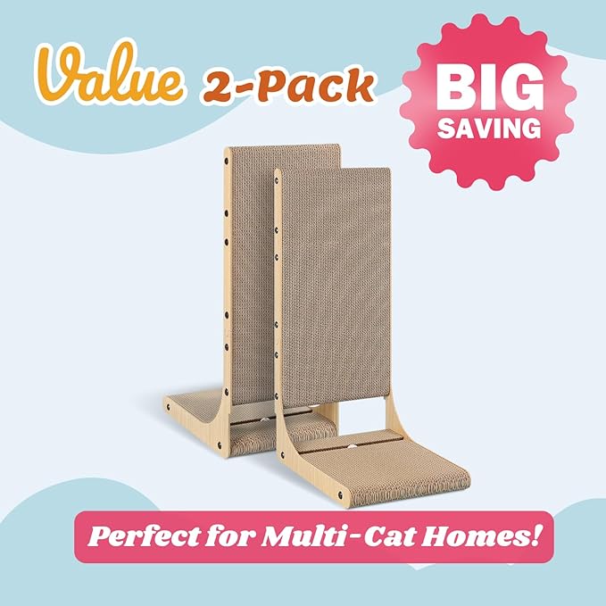 2-Pack Cat Scratching Board, 25.6'' Tall Cardboard L Shape Vertical Cat Scratchers for Indoor Cats, Cat Scratching Post for Wall and Couch, Large