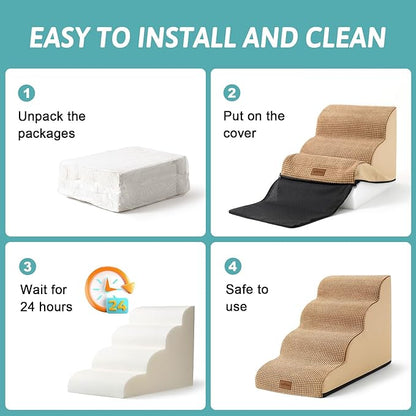 Dog Stairs for Small Dogs 19.7" H, Curved Dog Step for Puppy, Older or Cat, Medium Pet Ramp for Sofa, Couch or Bed, Ladder with High Density Foam, 15.7x28.3x19.7 inch, 4 Step, Light Brown